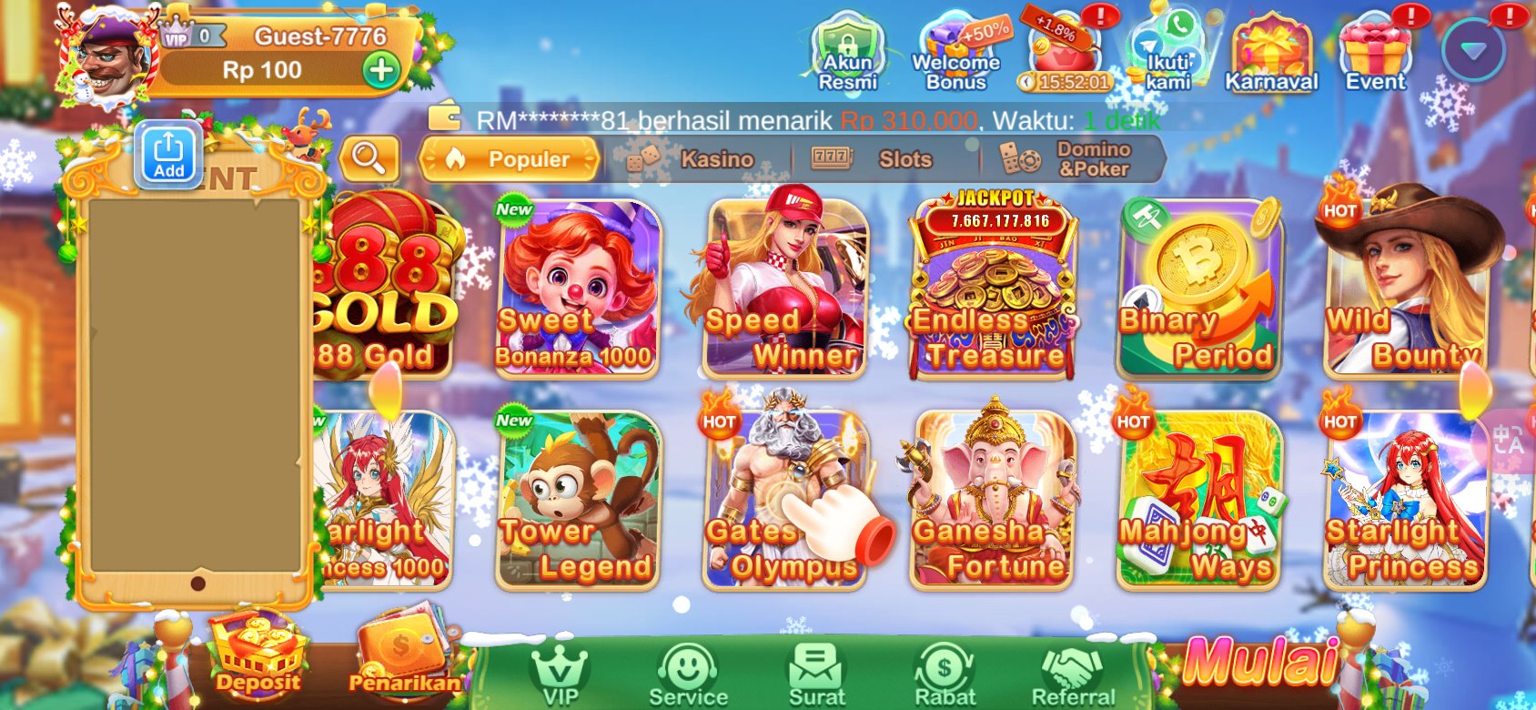 Mainkan permainan slot populer seperti Mahjong Ways dan Starlight Princess di ho777.