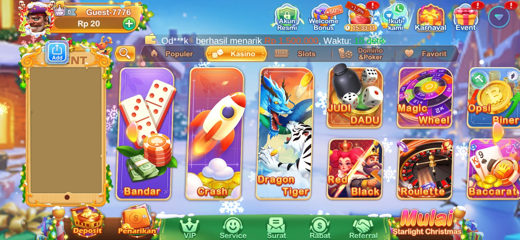 Pilihan permainan kasino seperti Dragon Tiger dan Roulette di ho777.